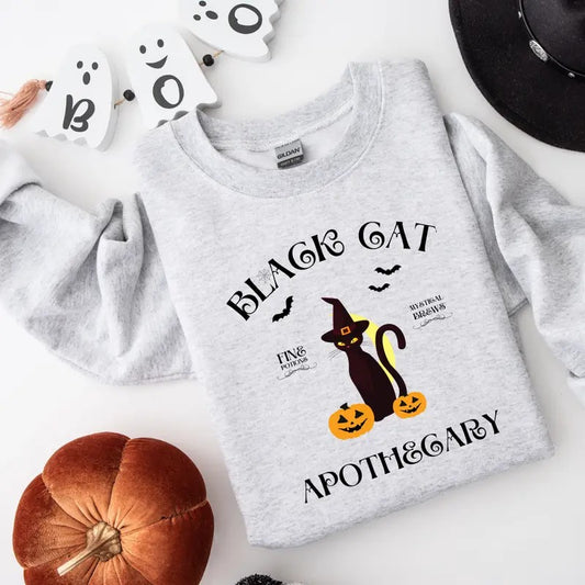 Black Cat Apothecary Halloween Sweatshirt, Halloween Spooky Black Cat Shirt , Halloween Spooky Tee, Halloween Fall T-shirt, Cute Halloween Sweatshirt, Full Color Print