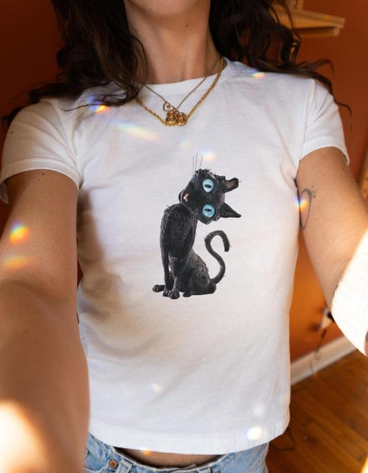 Black Cat Baby Tee, Y2K Womens Fitted Tshirts, Coraline Tshirt, Retro Shirt, Vintage Movie Tops, Cute Film Tshirt, Gift for Cat Lovers, Cute