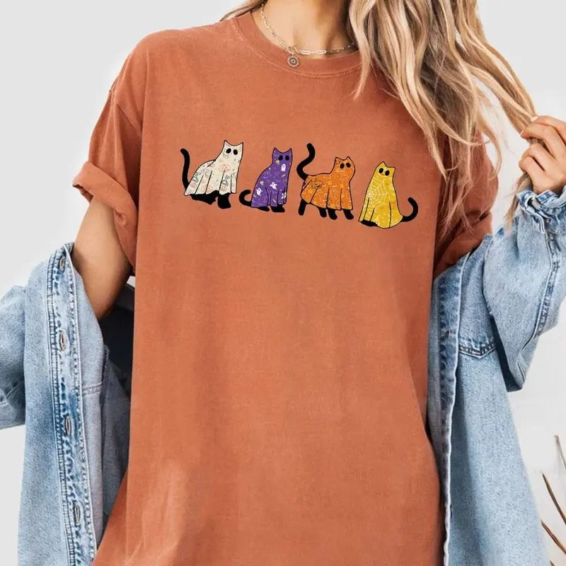 Black Cat Halloween Sweatshirt, Black Cat Ghost Shirt, Halloween Cat T-Shirt, Spooky Season, Halloween Shirts For Women, Spooky Vibes, Casual Crewneck