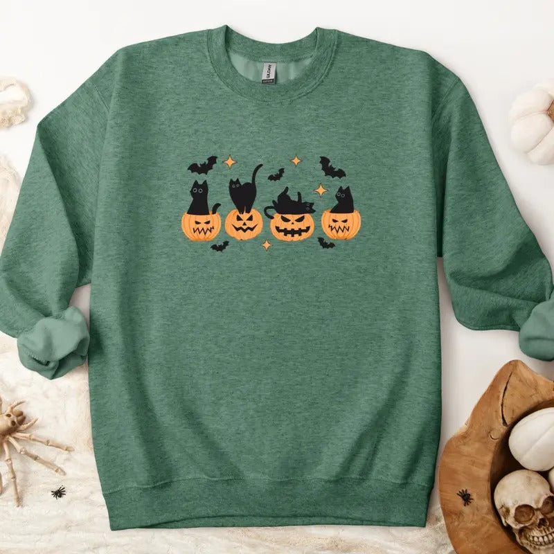 Black Cat Halloween Sweatshirt, Halloween Black Cat Witch Shirt , Halloween Black Cat Tee, Halloween Fall T-shirt, Cute Halloween Sweatshirt, Full Color Printstyle{n002}2