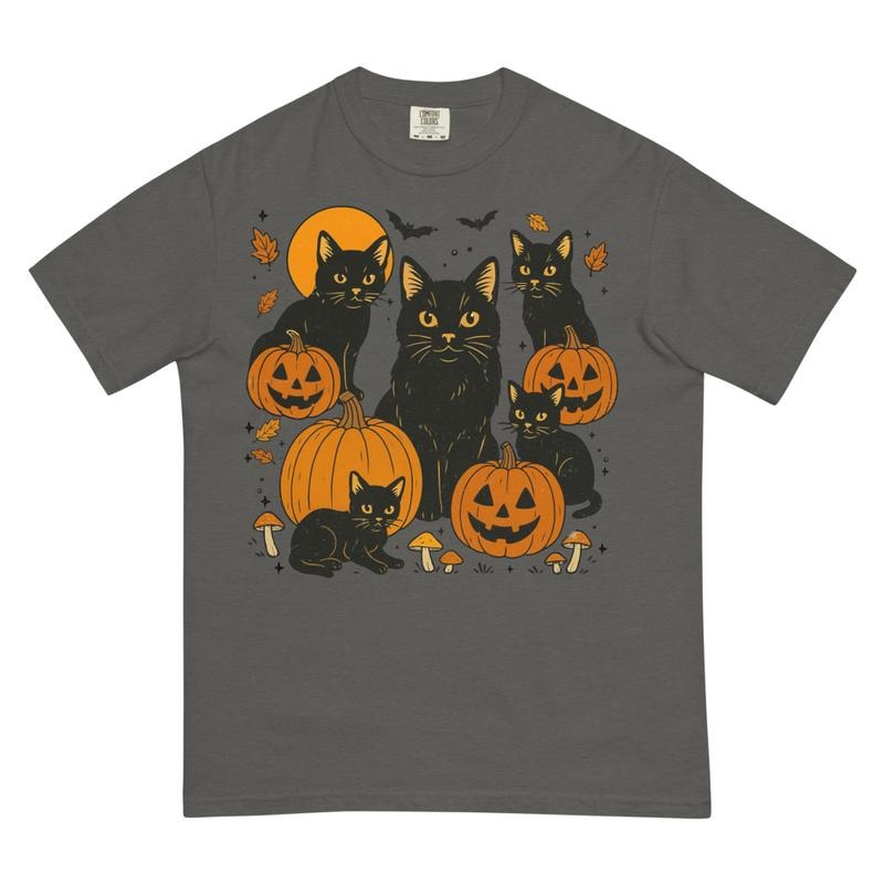 Black Cat Pumpkin Halloween Shirt ~ Unisex Apparel Relaxed Fit Printed In The USA Clothing Womenswear Casual Comfort Cotton Top Athletic Boho Chic
