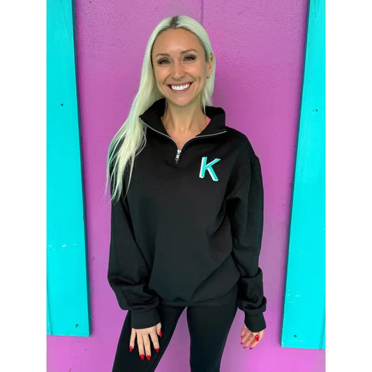 Black Embroidered Initial Quarter Zip Pullover (2XL-3XL)