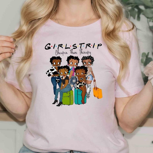 Black Girls Trip Betty Boop T Shirt, Girls Trip Cheaper Than Therapy Black Women T Shirt, Girls Trip 2024 Shirts, Afro Girls Trip T Shirt, Unisex T-Shirt, Gifts For Women, Short Sleeve Tee Shirt