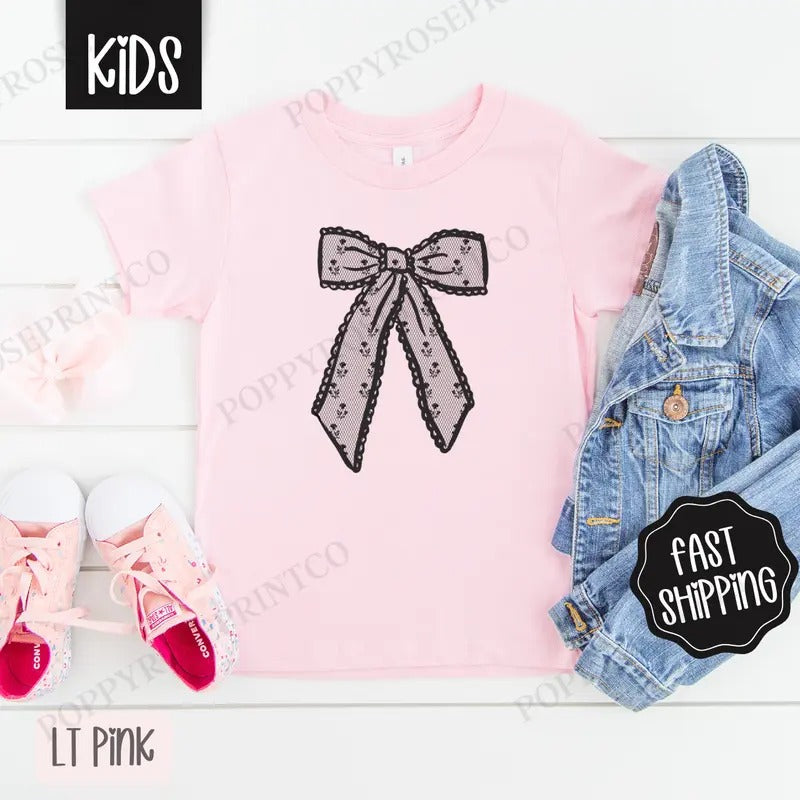 Black Lace Bow Kids Shirt - Children's Tshirt - Cute Youth Tee Gildan