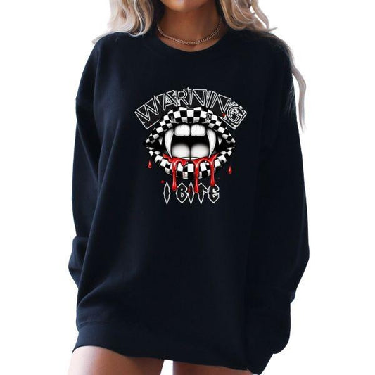 Black Long Sleeve Crewneck Sweatshirt with Checkered Pattern Lips and Vampire Teeth - "Warning I Bite" - Grunge, Alternative, Edgy Vibe - Unisex Sizing, Perfect for Bold Fashion Statements and Unique Style Enthusiasts