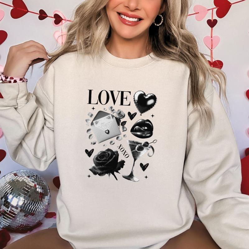 Black Love Xoxo Valentines Printed Sweatshirt, Xoxo Heart Sweatshirt, Valentines Comfort Colors T Shirt, Good Vibes Gift Sweatshirt Full Color Print