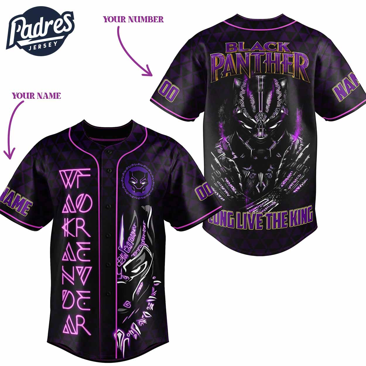 Black Panther Long Live The King Marvel Baseball Jersey - Padres Jersey Oasis: Elevate Your Baseball Style Game