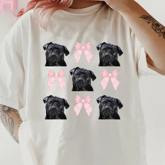 Black Pug with bows Shirt ~ Unisex Apparel Relaxed Fit Printed In The USA Clothing Womenswear Casual Comfort Cotton Top Athletic Boho Chic