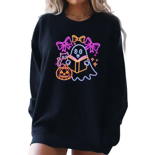 Black Sweatshirt with Fall Ghost Reading a Book & Pumpkins - Neon 90s Vibe Colors | Coquette Style for Cooler Weather | Nostalgic Design with Fall Items | Perfect for Cozy Autumn Days | Trendy & Cute Sweatshirt for Book Lovers | Sizes Up to 5Xl