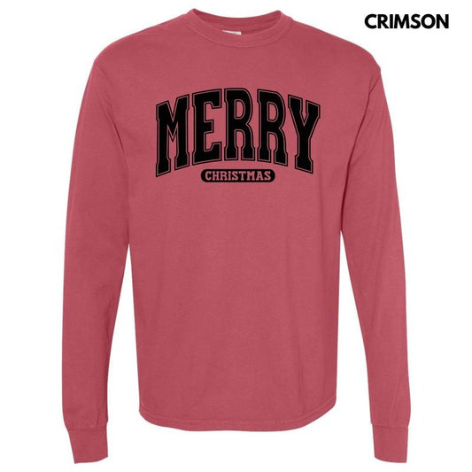Black Varsity Merry Christmas Long Sleeve Comfort Colors T-Shirt 'NLB'