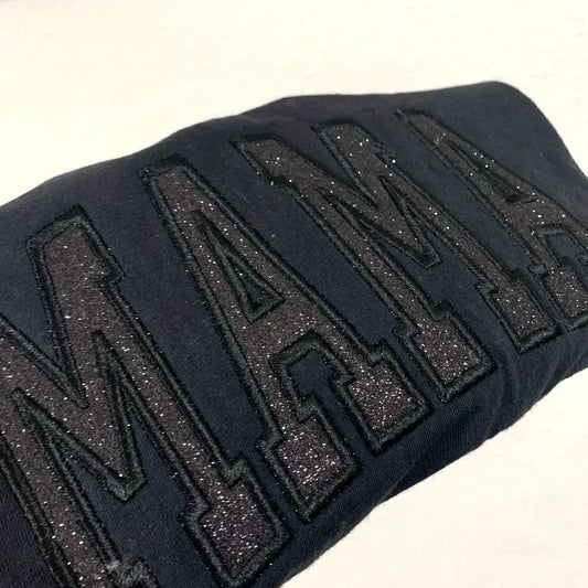 Black on Black Mama Glitter Heat Transfer Vinyl Embroidered Sweater - Personalized Sparkle for Stylish Moms