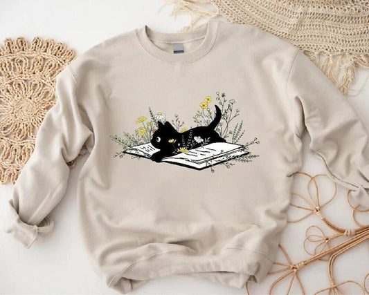 Bookish Sweatshirt, Book Lover Sweatshirt, Gift for Cat Lover, Cute Cat Book Sweatshirt, Librarian Gifts For Women, Floral Cat Hoodie and Sweater; T-shirt