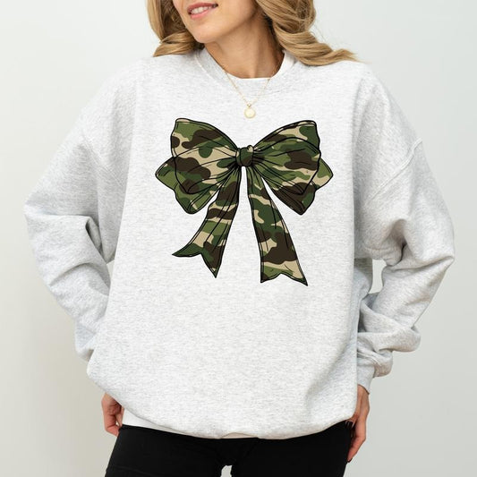 Camo Coquette Bow Hunting Sweatshirt for Women, Camouflage Bow Crewneck, Hunter's Wife Sweater, Duck Hunt Tops, Cotton Fabric Pullover, Womenswear