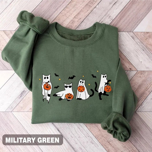 Cat Halloween Sweatshirt, Ghost Shirt, Black Cat Shirt, Cool Halloween Cat Hoodie Pullover For Womens, Casual, Crewneck