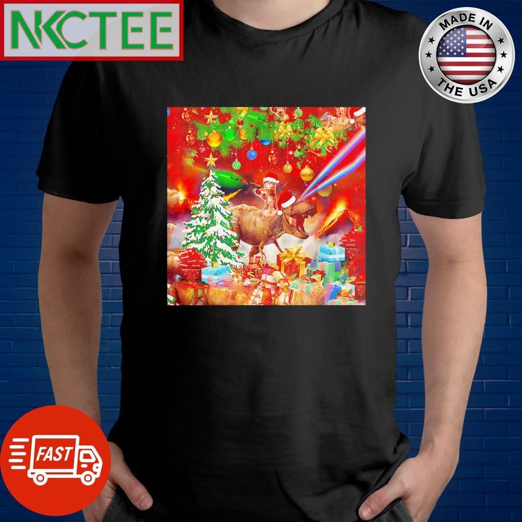 Cat gun dinosaur Santa hat Christmas shirt