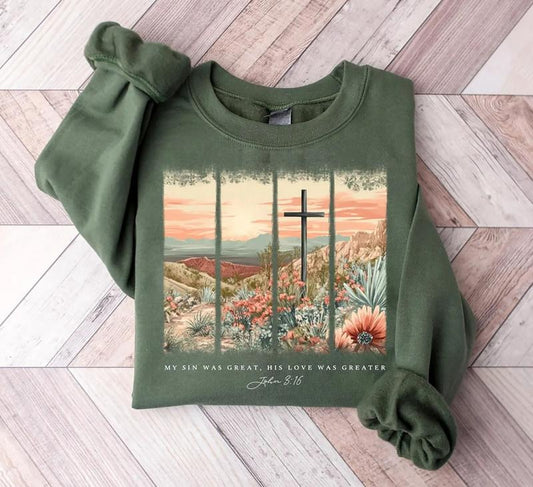 Christian Easter Cross Sweatshirt, My Sin Was Great His Love Was Greater Shirt, Bible Verse T-Shirt, Boho Floral Easter Shirt