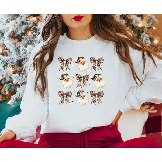 Christmas Leopard Coquette Santa Sweatshirt Leopard Bow Sweatshirt