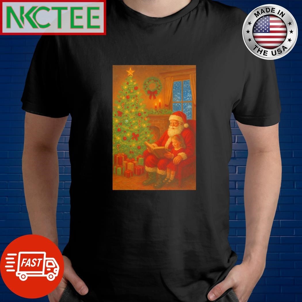 Christmas Santa and baby girl reading book shirt