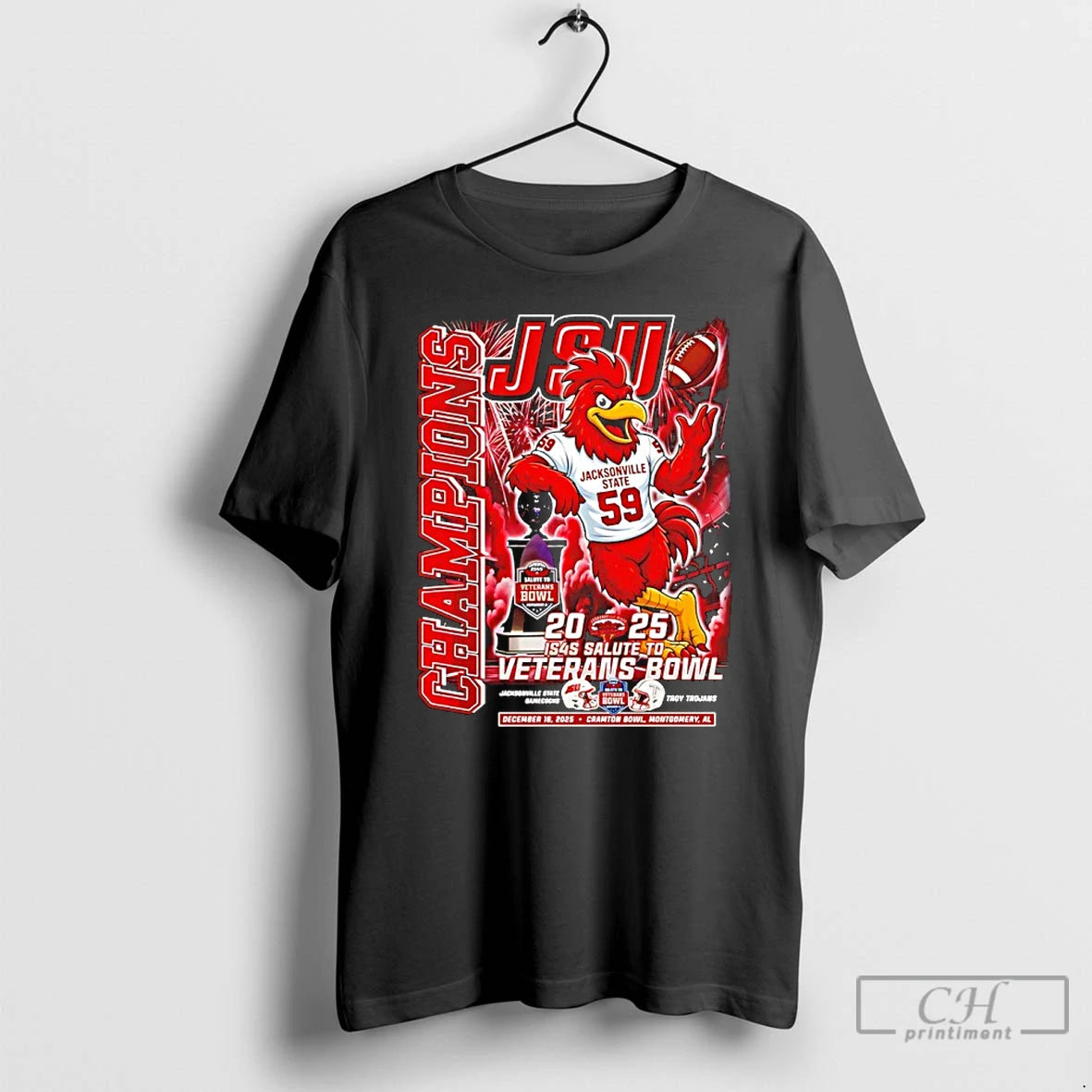 Classic Jacksonville State Gamecocks 2025 Veterans Bowl Champions Mascot Score T-Shirts, Hoodie, Sweatshirt