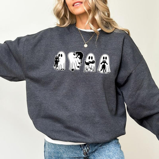 Cute Ghost Hugging Black Cat Sweatshirt, Funny Halloween Boo Cat Crewneck, Spooky Season Sweatshirt, Cute Ghost Sweater, Ghost with Black Cat Sweatshirt For Women, Comfy Long Sleeve Pullover, Cute Women's Tops, Casual Womenswear, Comfort Fabric Cotton Top