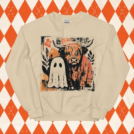 Cute fall highland cow ghost Sweatshirt, Halloween Spooky Season, Autumn Cow Crewneck, Fall Pumpkin graphic Pullover, Cow Lover