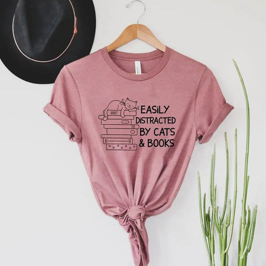 Easily Distracted By Cats And Books Shirt, Book Lover Gift, Funny Cat Shirt, Cat Lover Shirt, Cat Lover Gift, Reader T-Shirt, Cats and Books