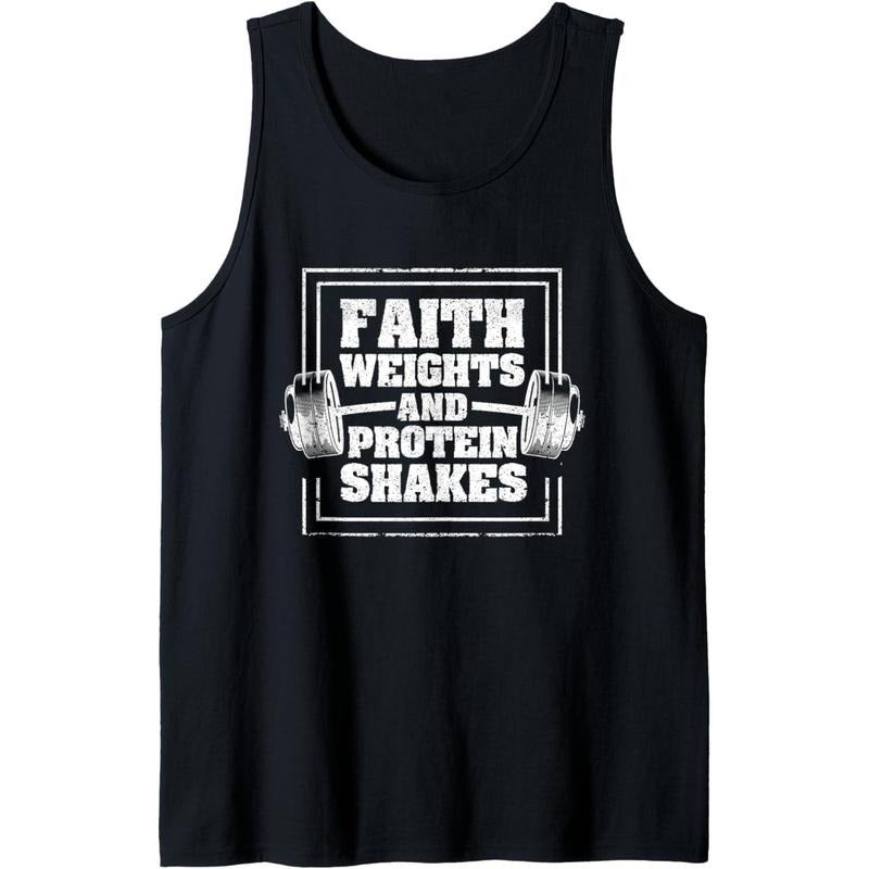 Faith Weights And Protein Shakes Funny Gym Workout Christian Unisex 3X-Large Black Sleeveless V-Neck Tank Top Made in USA