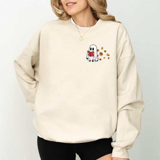 Fall Ghost Reading Book Sweatshirt, Reading Ghost Sweatshirt, Funny Ghost Fall Sweater, Spooky Season Crewneck For Girls, Cute Sweatshirt For Book Lover, Bookish Women's Tops, Comfy Long Sleeve Pullover, Fit Chic Casual Womenswear, Soft Fabric Cotton Tops