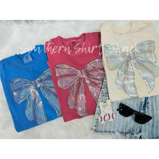 Flat Sparkle Baseball Bow Graphic Tee | Ballpark Mama T shirt | Bow Shirt | Baseball Game day Graphic Tee comfort colors t shirt | ADD COLOR IN NOTES AT CHECKOUT