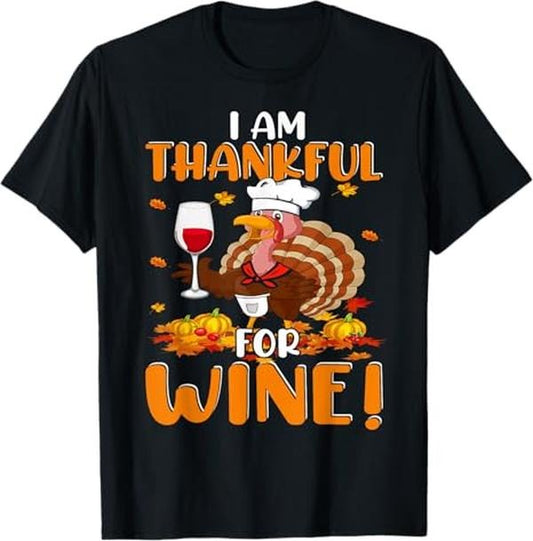 Funny Thanksgiving Shirts, Thankful For Wine Turkey Chef Wine Drinking Thanksgiving T-Shirt - Menswear Top