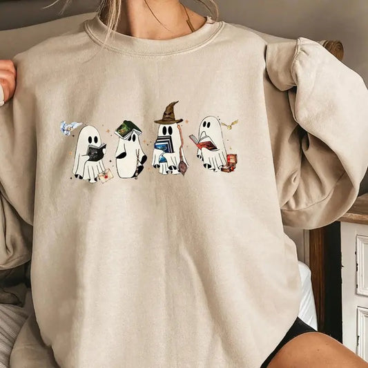 Ghost Reading Harry Potter Halloween Sweatshirt, Cute Ghost Wizard Sweater, Ghost Witchy Halloween Tee Shirt, Gift For Fan