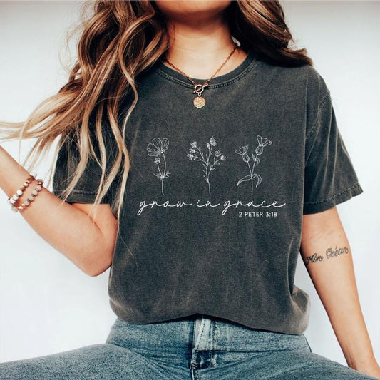 Grow In Grace Shirt, Christian Comfort Shirt, Christian Gift for Women, Wildflowers Shirt, Faith Clothing for Mom, Wild flowers Christian Tshirt, Religious Crewneck, Cross Outfit, Inspirational Gift, Religious Shirt, Women Christian Gift, Women Top