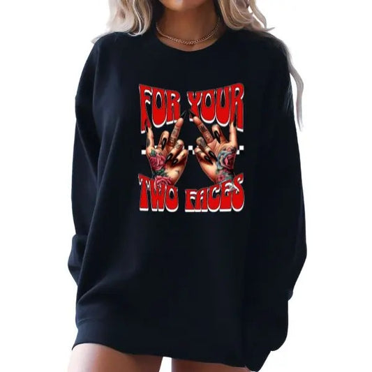 Grunge Black Crewneck Sweatshirt - Unisex Long Sleeve with Witches' Tattooed Hands Giving the Middle Finger & Checkered Background, 'For Your Two Faces' - Edgy, Alternative Fashion Statement
