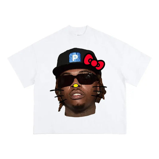 Gunnaaa Red Kitty Tee - Cute Big Face Graphic Look