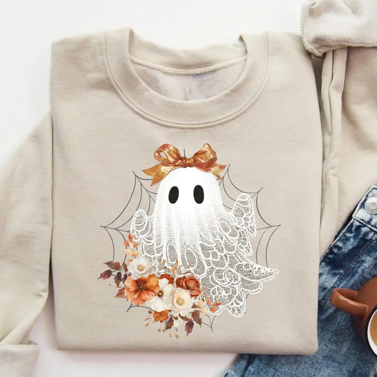 Halloween Lace Ghost Sweatshirt, Floral Ghost Sweater, Spooky Fall Floral Shirts, Coquette Bow Girl Halloween Shirt, Ghost Shirt, Fall Coquette Bow Ghost Shirt, Fall Halloween Ghost Shirt