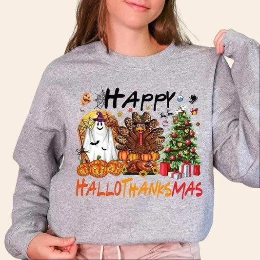 Happy Hallothanksmas Shirt, Funny Unisex T Shirt Crewneck Cotton Fabric