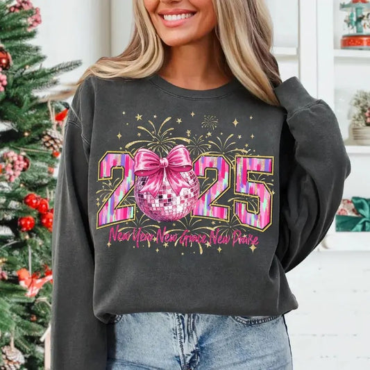 Happy New Year 2025 Crewneck Disco Ball Sweatshirt Varsity Brushstroke New Year Clothing