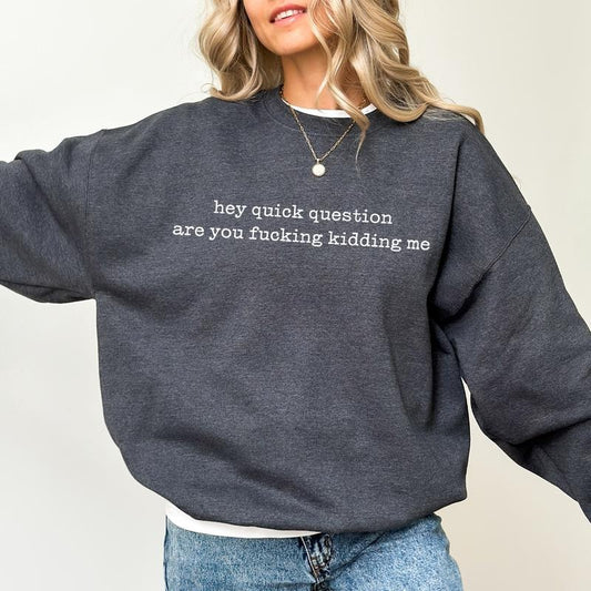 Hey Quick Question Sweatshirt for Women, Funny Saying Pullover, Are You Kidding Me Sweater, Sarcastic Tops, Adult Humor Crewneck, Casual Womenswear