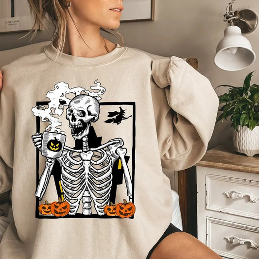Hot Coffee Skeleton Sweatshirt, Skeleton Drinking Coffee Sweater, Skeletons Happy Halloween Shirt, Skeleton Pumpkin Face Halloween Shirt, Fall Sweatshirt, Fall Halloween Gift