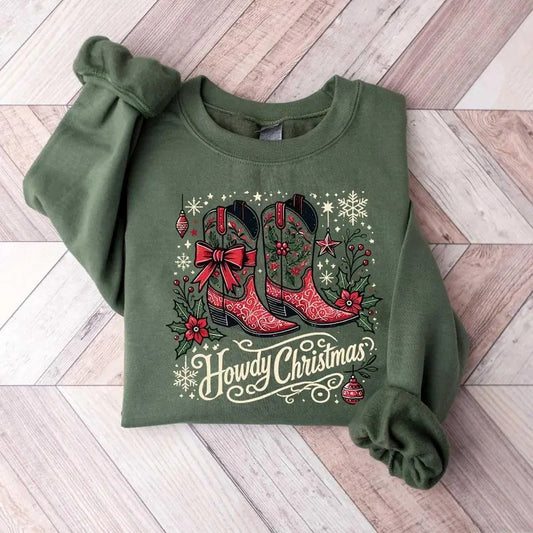 Howdy Christmas Sweatshirt, Loose Fit Cowboy Christmas Crewneck for Men and Women, 50% Cotton and 50% Polyester Fabric - Womenswear, Button