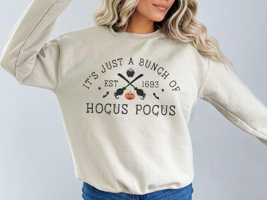 It's Just A Bunch of Hocus Pocus Sweatshirt, Halloween Party Sweatshirt, Unisex Cotton Halloween Sweatshirt