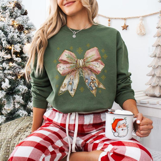 Jesus Christmas Coquette Bow Sweatshirt, Christian Christmas Shirt, Nativity Scene Shirt, Baby Jesus Shirt, Christmas Gift