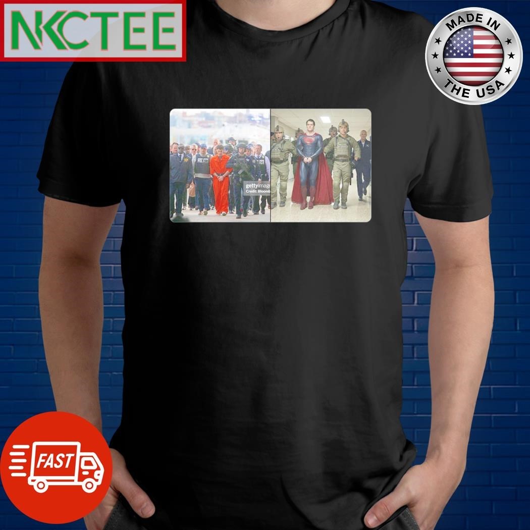 Luigi Mangione is escorted by a large number of police officers with Superman shirt