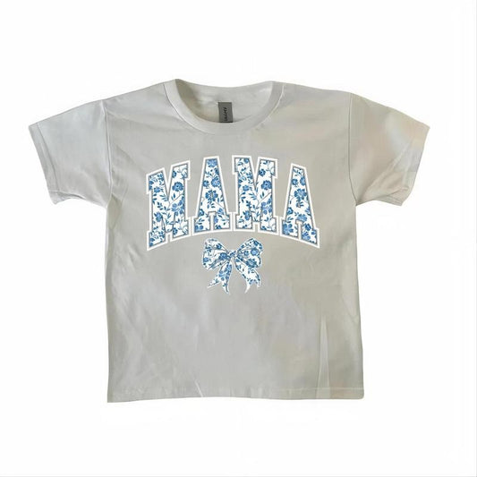 Mama Baby Tee, Blue Ribbon Mothers Day Gift, Girly Aesthetic Gift For Mom, Cute Mom Bow Baby Tee, Chinoiserie