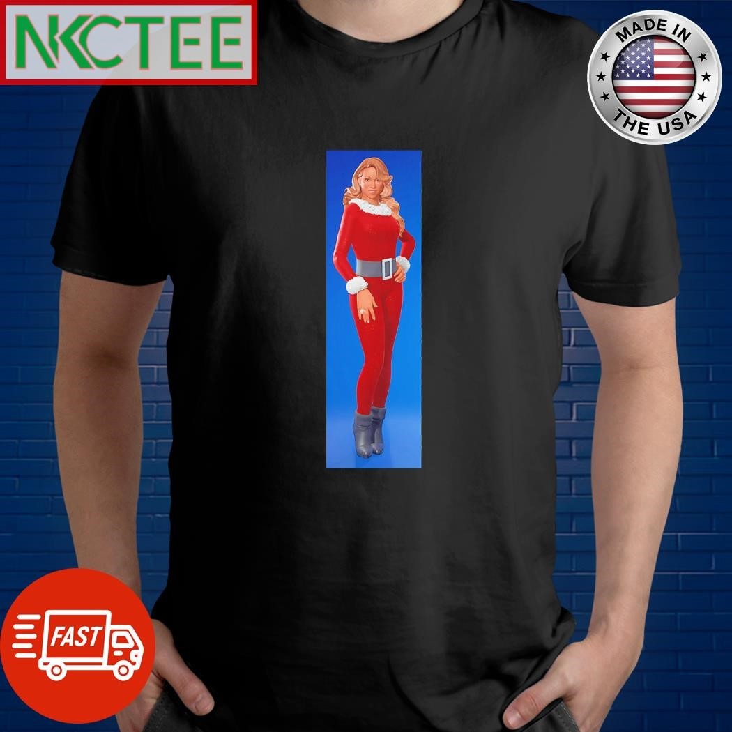 Mariah Carey in video game wear Santa shirt