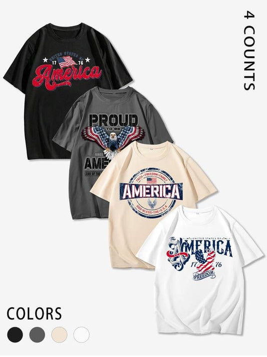 Men's American Flag & Letter Print Round Neck Tee, Regular Fit Casual Short Sleeve T-shirt, Men's Top for Summer Daily Wear