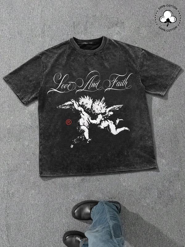 Men's Angel Print Distressed Graphic Tee, Casual Fashion Short Sleeve T-shirt for Summer, Men's Top for Daily Wear, Tropical, Cotton