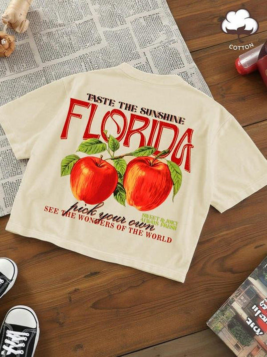 Men's Apple Graphic Print Round Neck Tee, Regular Fit Casual Short Sleeve T-shirt, Men's Summer Top for Daily Wear, Tropical