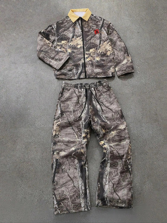 Men's Camo Tree Branches Print Zip Up Jacket & Drawstring Waist Pants Two-piece Set, Regular Fit Casual Long Sleeve Collared Outerwear & Pocket Straight Leg Trousers for Daily Wear, Men's Spring & Fall Clothes