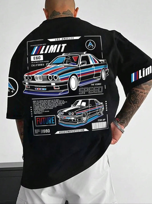 Men's Car & Letter Print Drop Shoulder Tee, Regular Fit Casual Short Sleeve Round Neck T-Shirt for Daily Wear, Men's Top for All Seasons